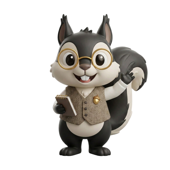 Professor Eichhorn winkt – ein Eichhörnchen mit goldener Brille, Tweed-Weste und Notizblock